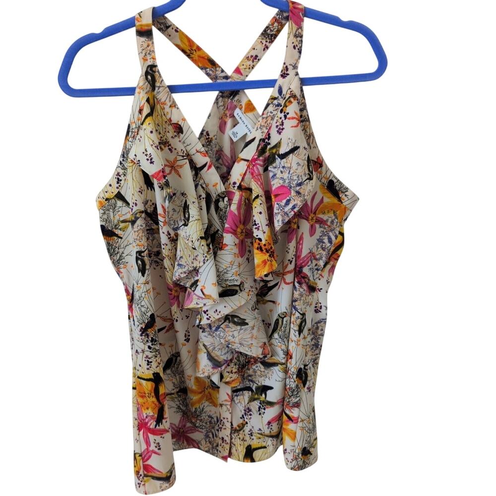 Banana Republic Bird Floral Print Button Front Ruffle Halter size 14
